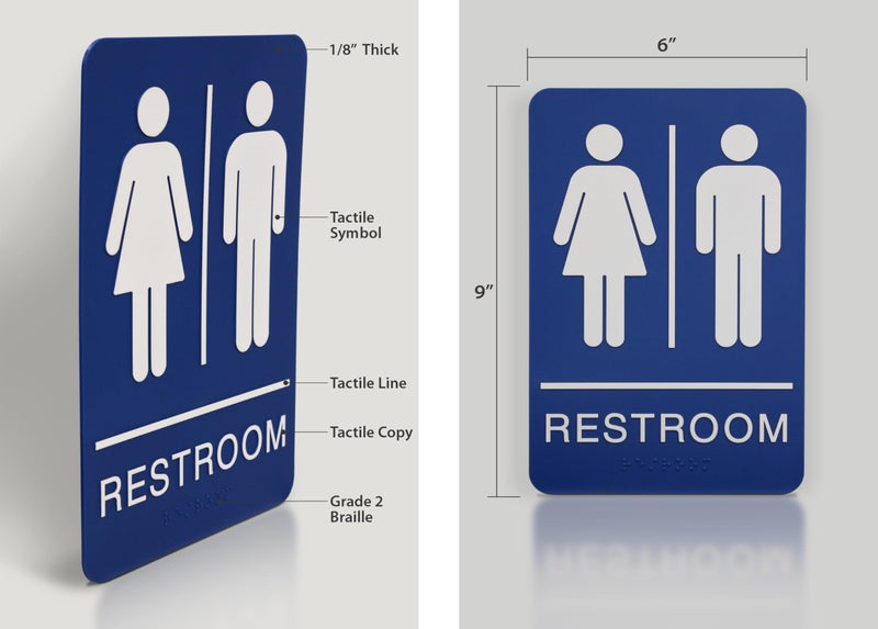 Headline Sign 5212 Women and Menâ€™s Restroom ADA Sign with Grade 2 Braille and Tactile Graphics, 6" x 9", Blue/White, Made in USA - Image 2